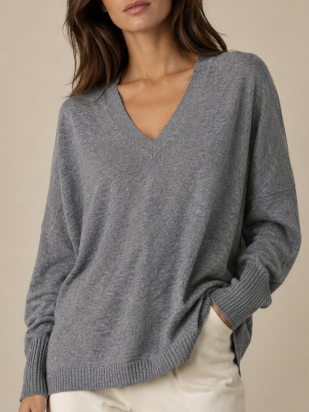 Autumn Cashmere 100% Cashmere Boxy Oversized Gray V Neck Rib Cozy Sweater Large